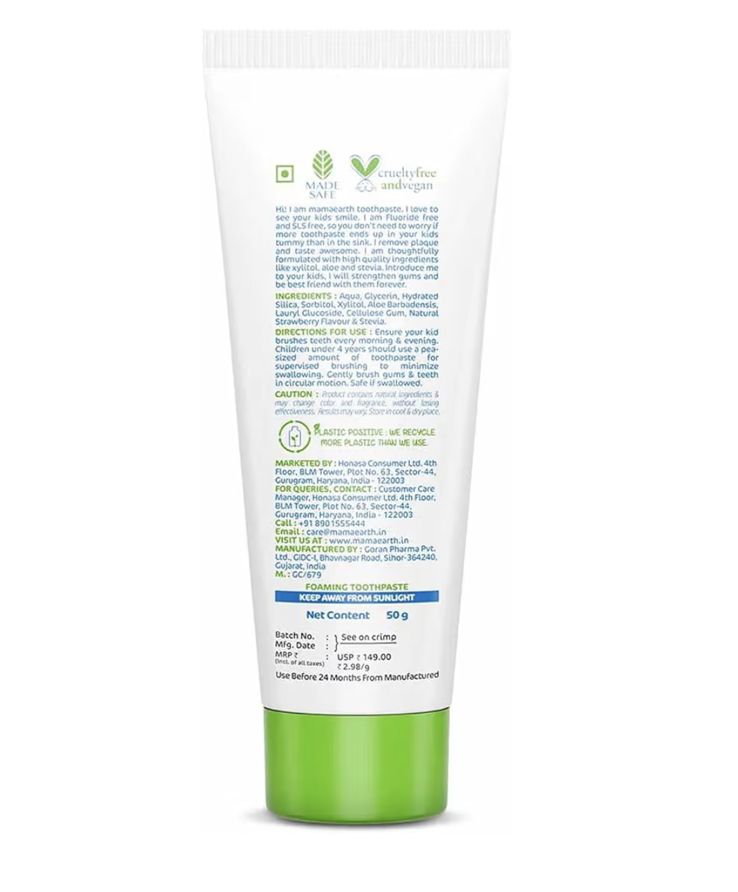 Mamaearth 100% Natural Kids Berry blast Toothpaste With Aloe Vera, Stevia & Xylitol Promotes Healthy Gums & Teeth | Fluoride-Free, No Artificial Flavour & Safe if Swallowed, Cavity Protection, 50g
