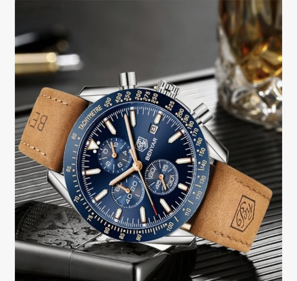 BY BENYAR Mens Watches Chronograph Analog Quartz Movement Stylish Sports Designer Wrist Watch 30M Waterproof Elegant Gift for Men