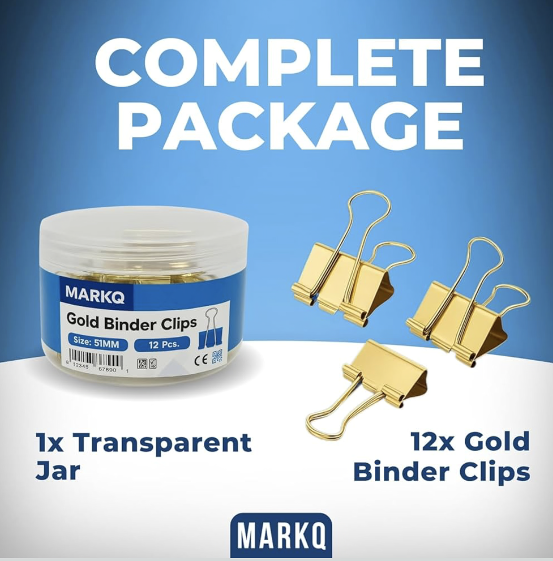 MARKQ Gold Binder Clips – Durable Metal Foldback Paper Clamps, Strong Office & School Paper Clips for Documents, Notes, and Home Organization, X-Large 51mm - Pack of 12