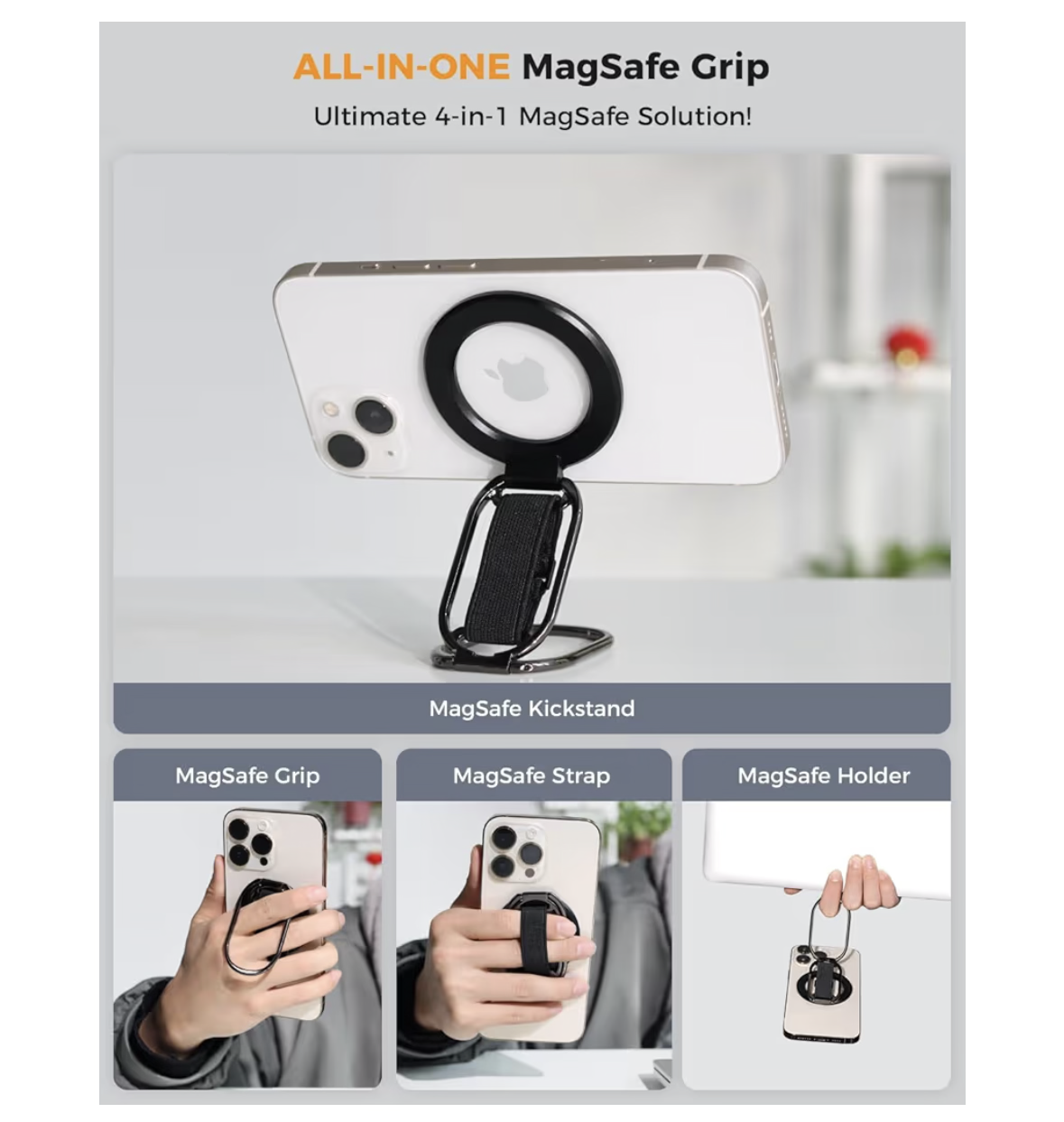 PFUTURE for MagSafe Phone Grip Kickstand for iPhone 16/15/14/13/12 Series, 4-in-1 Finger Loop Strap with a Universal Magnetic Ring, Compatible with MagSafe, Phone Ring Holder Stand