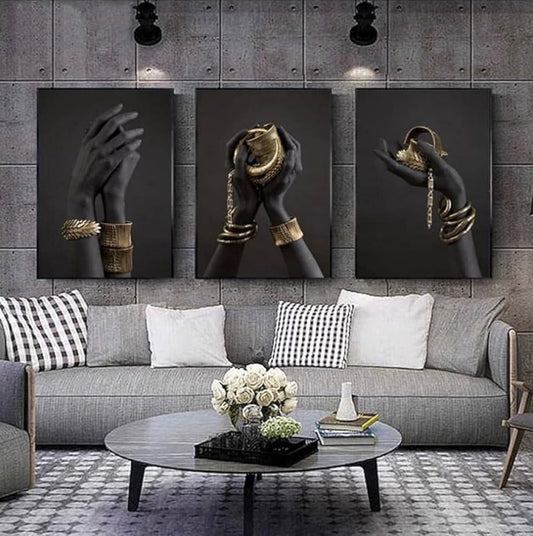 BPA® Black Woman'S Hand Print Canvas Painting Gold Jewelry Posters And Prints Cuadros African Wall Art Pictures Home Decoration Mural, 40X60Cm x3Pcs No Frame