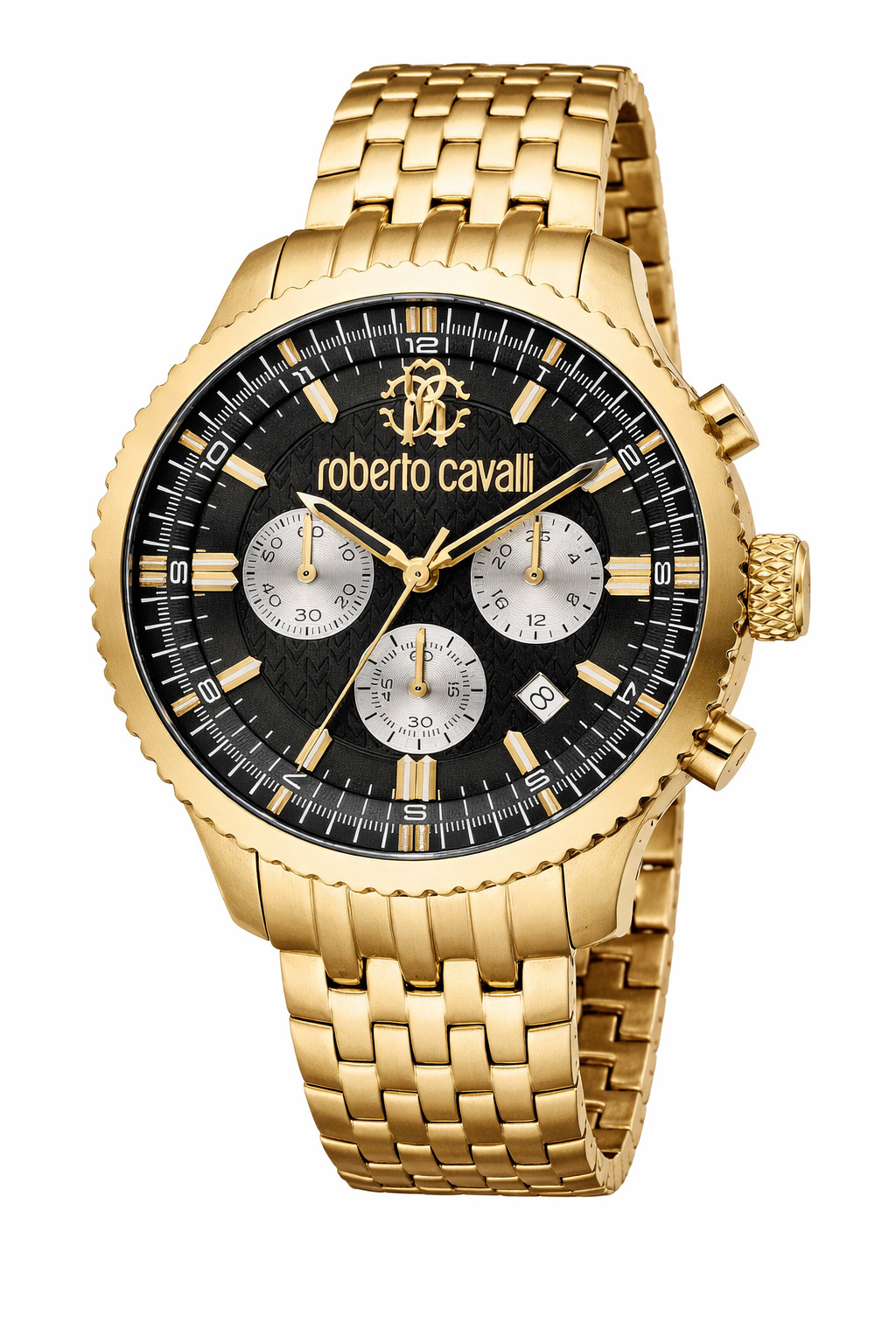 Roberto Cavalli Gent Round Shape Chronograph Wrist Watch for Men, 44 mm Case Diameter, Yellow Gold/Yellow Gold