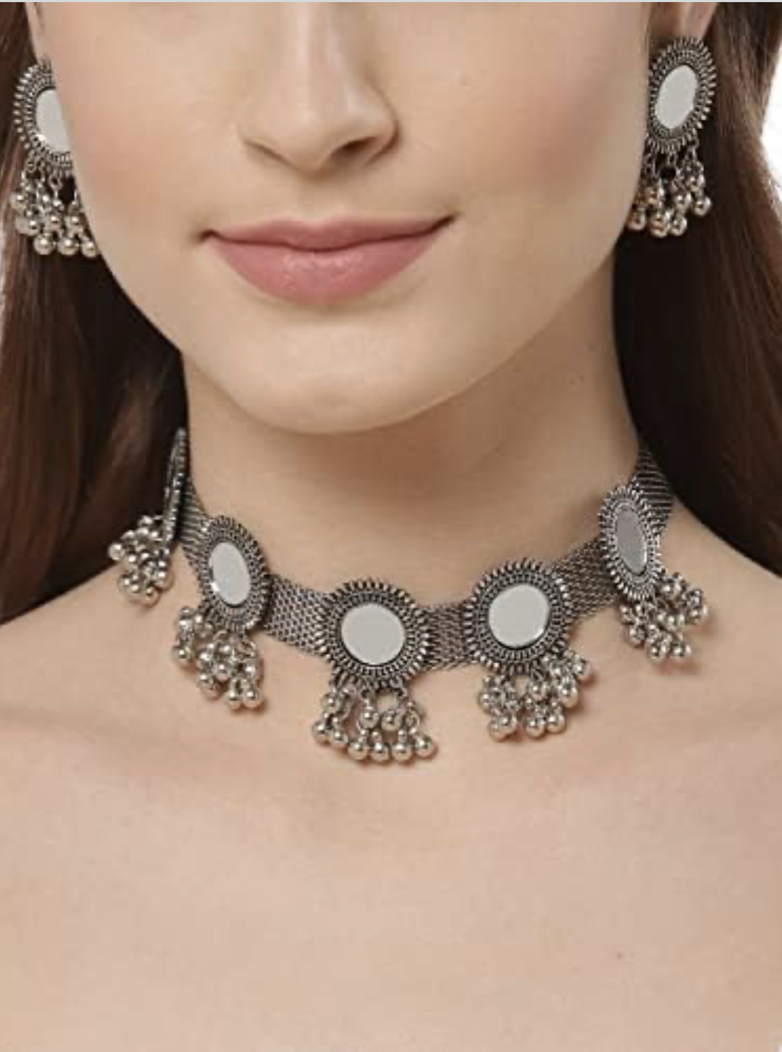 Shining Diva Fashion Latest Stylish Fancy Oxidised Silver Tribal Choker Necklace Jewellery Set for Women