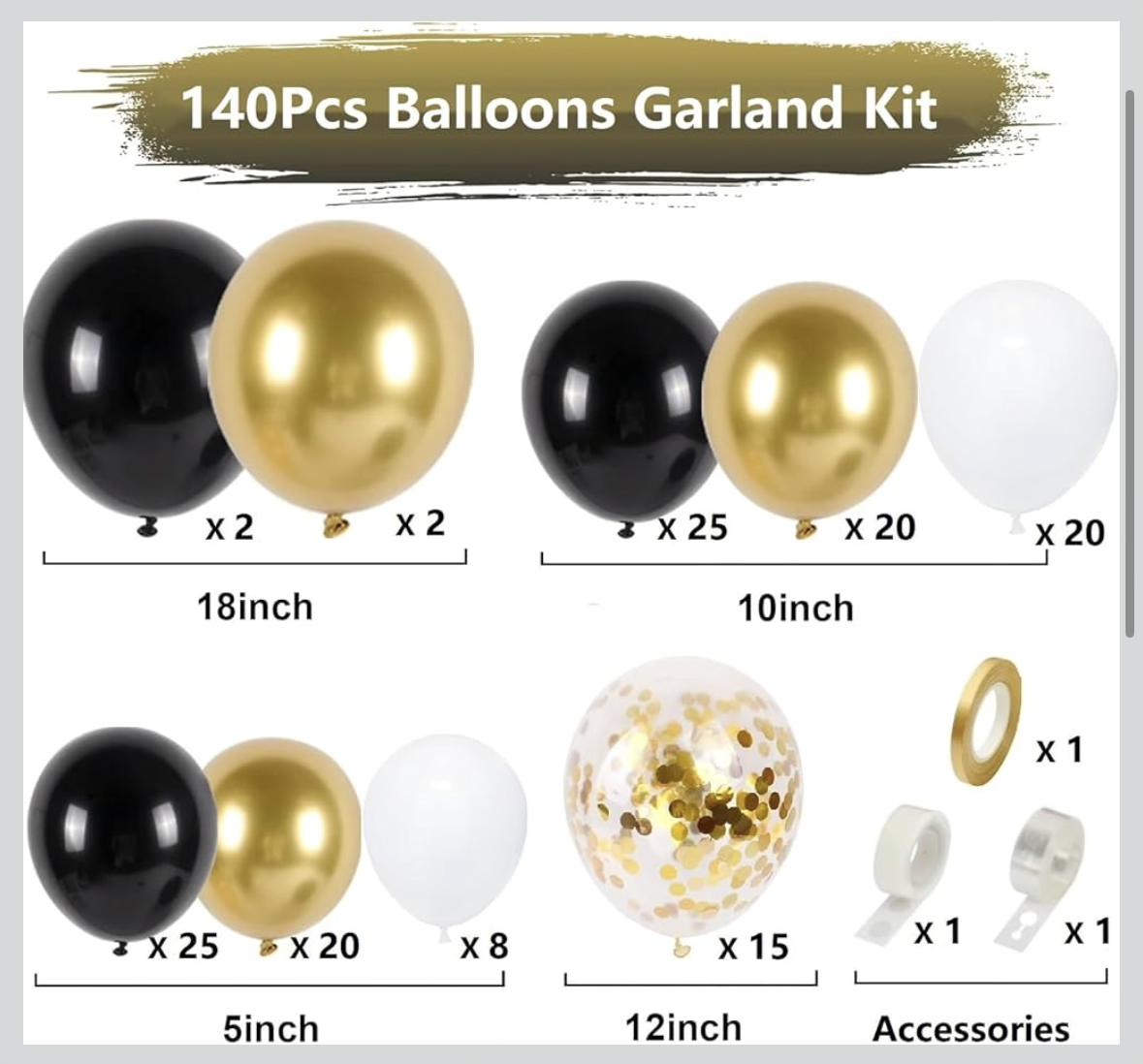 Black and Gold Balloon Garland Arch Kit, 140PCS Black Gold Confetti Balloons Arch Kit 5 10 12 18 Inch Different Sizes Latex Balloons for Graduation Birthday New Year Anniversary Party Decorations