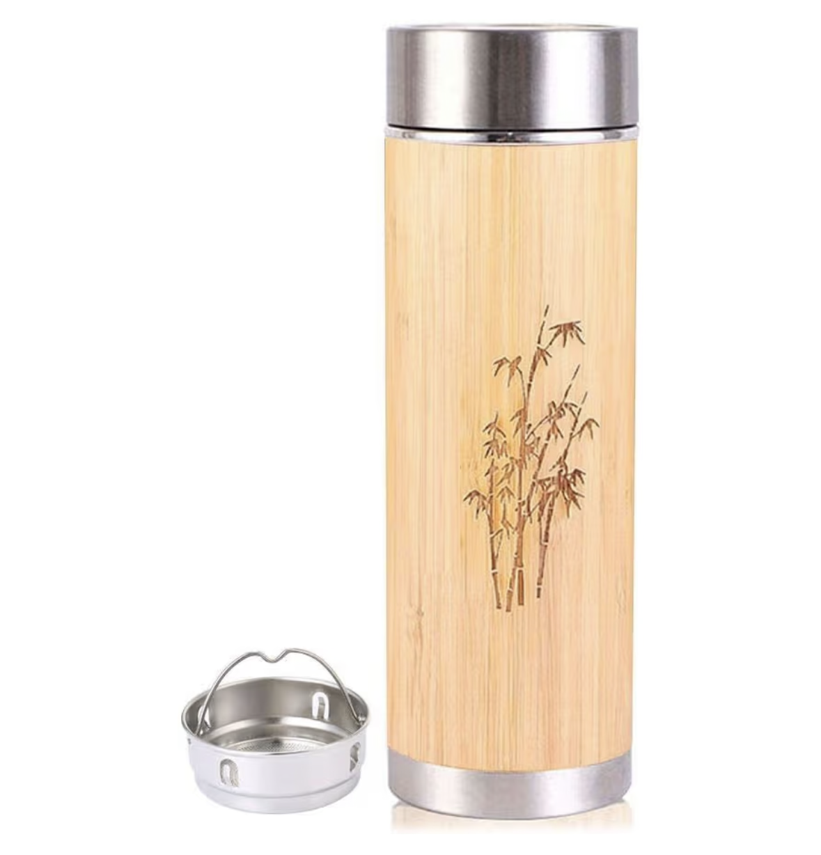 PagKis Bamboo Stainless Steel Flask Water Bottle/Thermos with Tea Strainer | Double Wall Vacuum Insulated | Hot & Cold (450 ML)