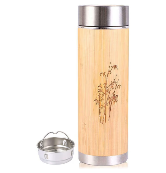 PagKis Bamboo Stainless Steel Flask Water Bottle/Thermos with Tea Strainer | Double Wall Vacuum Insulated | Hot & Cold (450 ML)