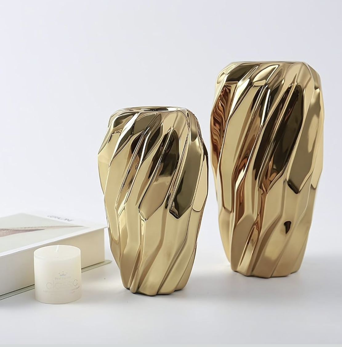 Gold Flower Vase, Vecolla Ceramic Vase for Flowers with Wavy Fluted Design, Aesthetic Flower Pot Home Decor For Living Room Bedroom Office Coffee Table Wedding Bookshelf(1-Pack,M,Gold)