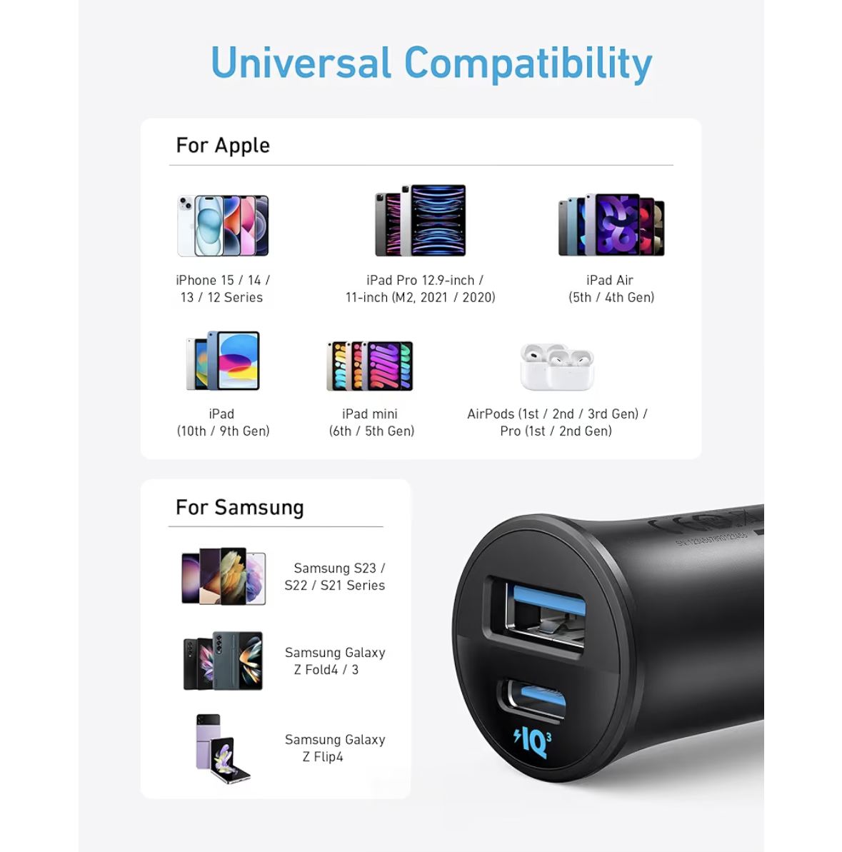 Anker USB-C Car Charger, 30W 2-Port Type-C Car Adapter,iPhone 17/16 /15/14 Series, Samsung Galaxy S23/S22/S21 Series, iPad Pro, AirPods, Huawei and More