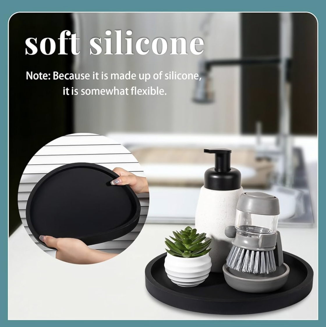Silicone Bathroom Tray Round Vanity Tray Decorative Soap Holder Kitchen Countertop Organizer Coffee Table Decor for Candle, Perfume, Plant, 9 Inch, Black