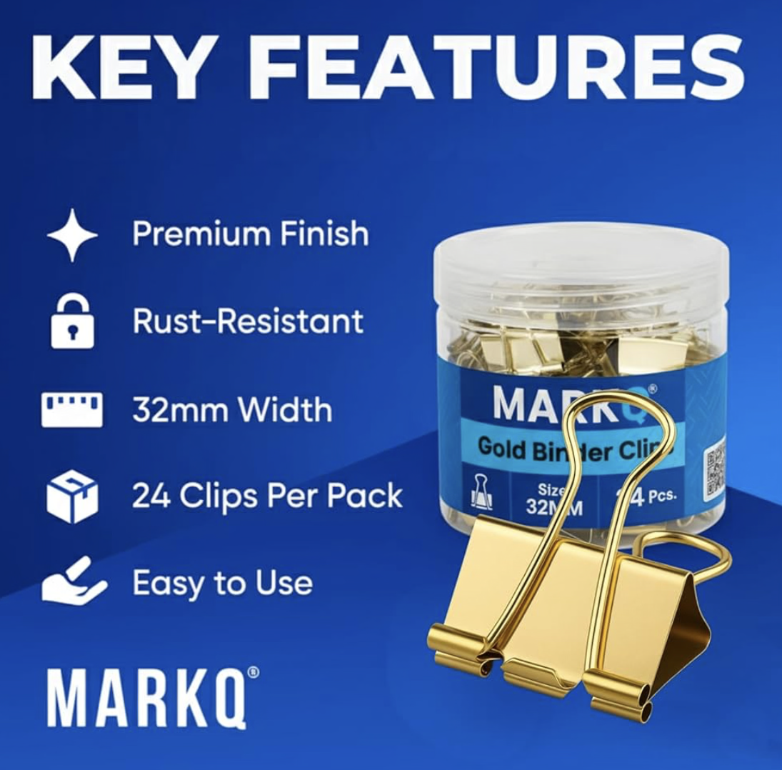 MARKQ Gold Binder Clips – Durable Metal Foldback Paper Clamps, Strong Office & School Paper Clips for Documents, Notes, and Home Organization - Medium 32mm - Pack of 24