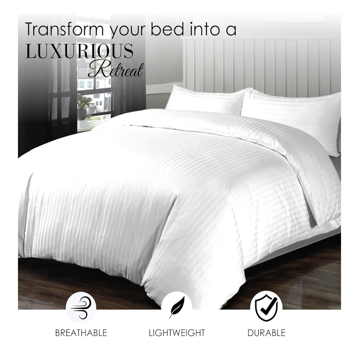 100% Cotton Luxury Hotel Quality Sateen Duvet Cover Set, 2cm Satin Stripe, Hidden Button Closure, Ultra-Soft Sateen Weave, Breathable & Hypoallergenic (White, Queen 240x220cm)