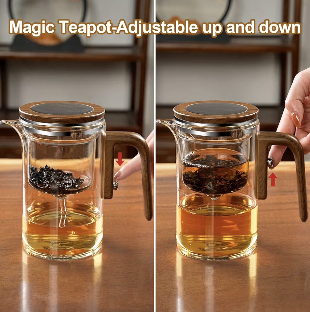 Enchanti Tea Pot, Glass Teapot with Infuser, Magic Witchcraft Enchanted Tea Kettle with Strainer for Water Separation, Magical Push Control Tea Maker for Loose Leaf & Herbal Teas -600ML