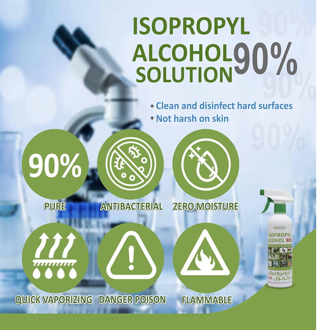ECOLYTE+ Isopropyl Alcohol 90% Liquid, Antiseptic Disinfectant, First Aid, Advanced Formula For Multipurpose, Germs Protection Rubbing alcohol First Aid, kills 99.9% of Bacteria & Viruses (500 ml)