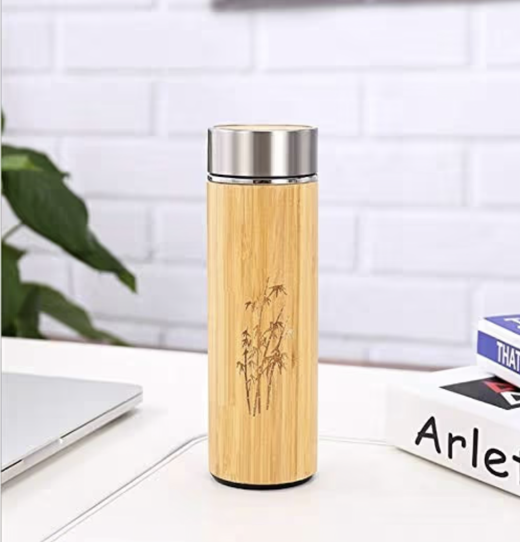 PagKis Bamboo Stainless Steel Flask Water Bottle/Thermos with Tea Strainer | Double Wall Vacuum Insulated | Hot & Cold (450 ML)