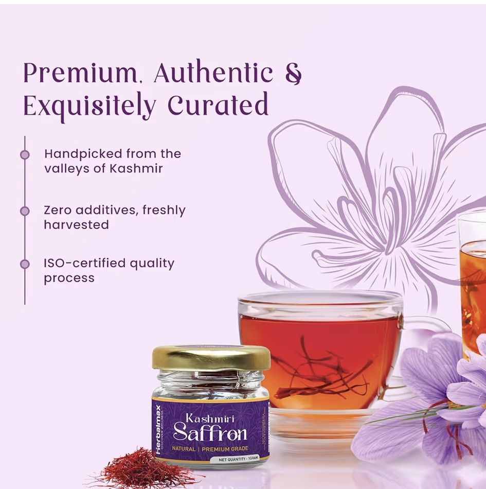 Herbal Max Original Kashmiri Kesar Saffron – 1gm | A+++ Grade Mongra Kesar | Pure & Natural Zafran Leaves | Ideal for Cooking, Sweets, Beverages & Personal Use