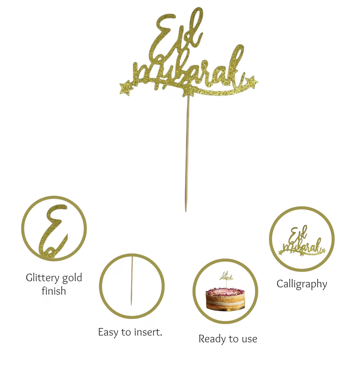 EID Mubarak Cake Topper, Beautiful Ornamental Glittery Golden Cake Topper Decorations for Eid-al-Fitr and Eid-al-Adha