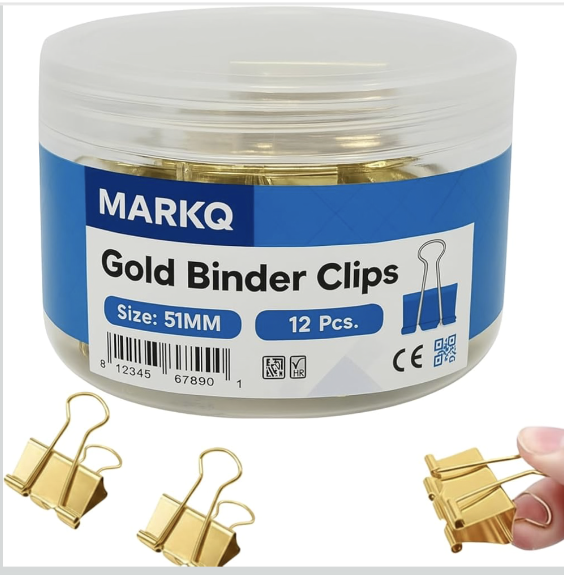 MARKQ Gold Binder Clips – Durable Metal Foldback Paper Clamps, Strong Office & School Paper Clips for Documents, Notes, and Home Organization, X-Large 51mm - Pack of 12