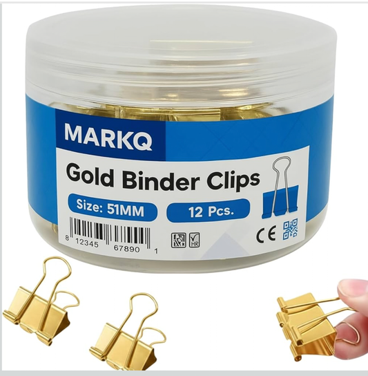 MARKQ Gold Binder Clips – Durable Metal Foldback Paper Clamps, Strong Office & School Paper Clips for Documents, Notes, and Home Organization, X-Large 51mm - Pack of 12