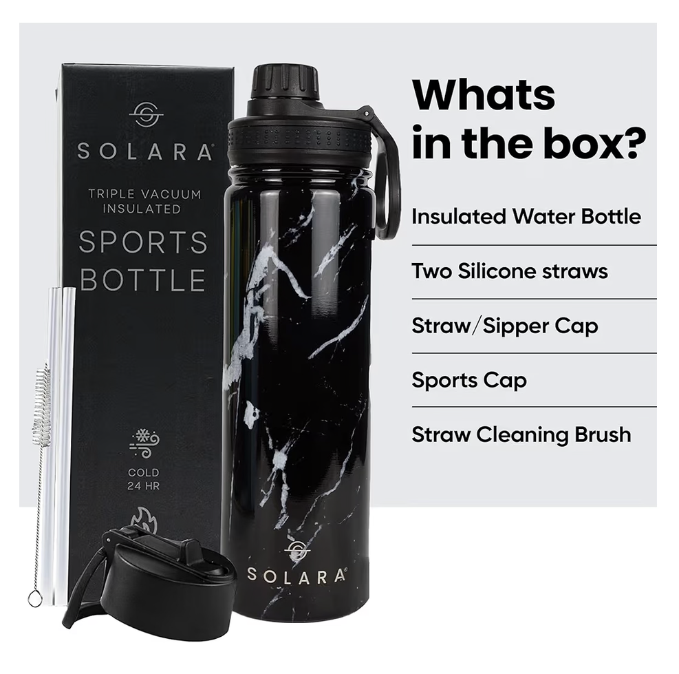 SOLARA Insulated Water Bottle 650ml, Thermosteel for Hot and Cold Drinks, Travel, Home, Office, School, Gym, Adults, Sipper Bottle, Black Marble
