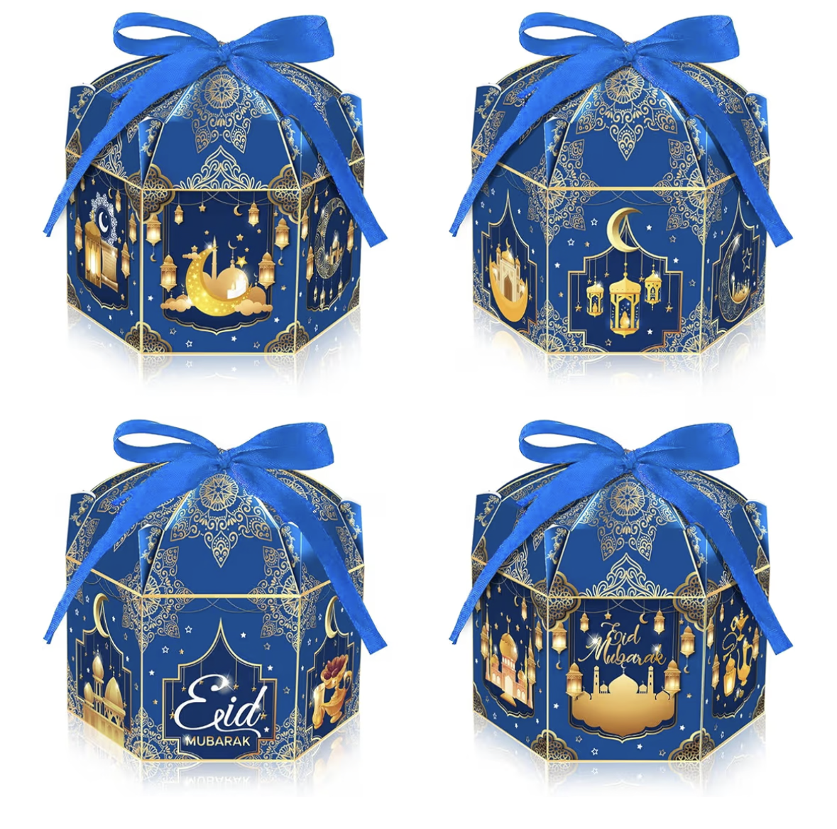COSFAN 12Pcs Eid Mubarak Gift Boxes Eid Mubarak Candy Box Set Hexagonal Eid Party Favor Goodie Boxes Eid Party Paper Box with Ribbon