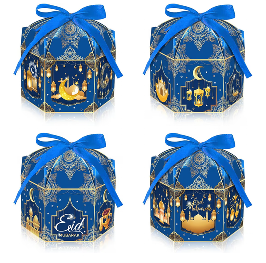 COSFAN 12Pcs Eid Mubarak Gift Boxes Eid Mubarak Candy Box Set Hexagonal Eid Party Favor Goodie Boxes Eid Party Paper Box with Ribbon
