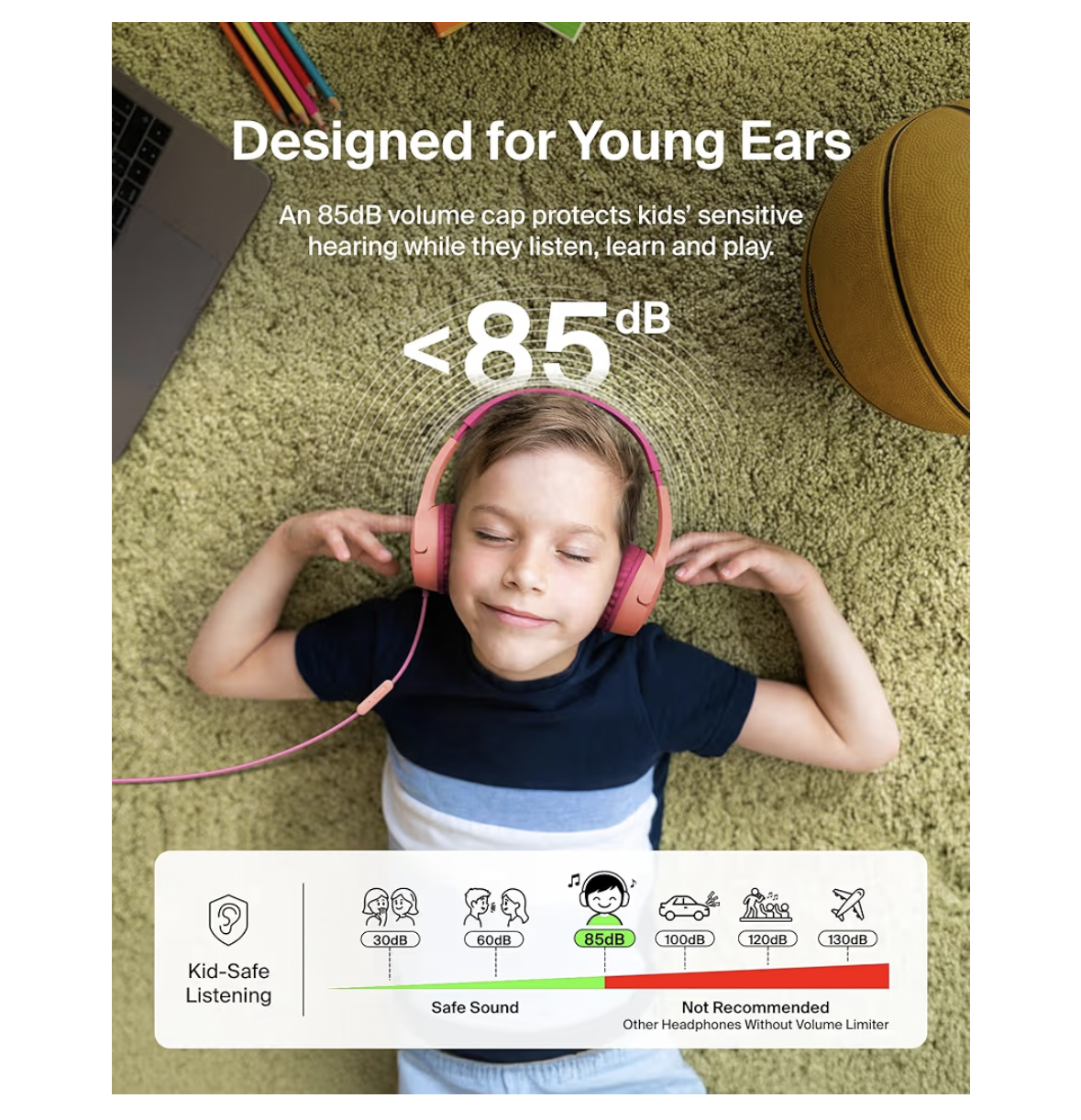 Belkin SoundForm Mini Kids Wired Headphones with USB-C to 3.5mm Dongle, Built-in Mic & Fun Stickers, 85dB Max Volume – for Online Learning, Travel, Compatible with iPhone, iPad, Galaxy, etc - Pink
