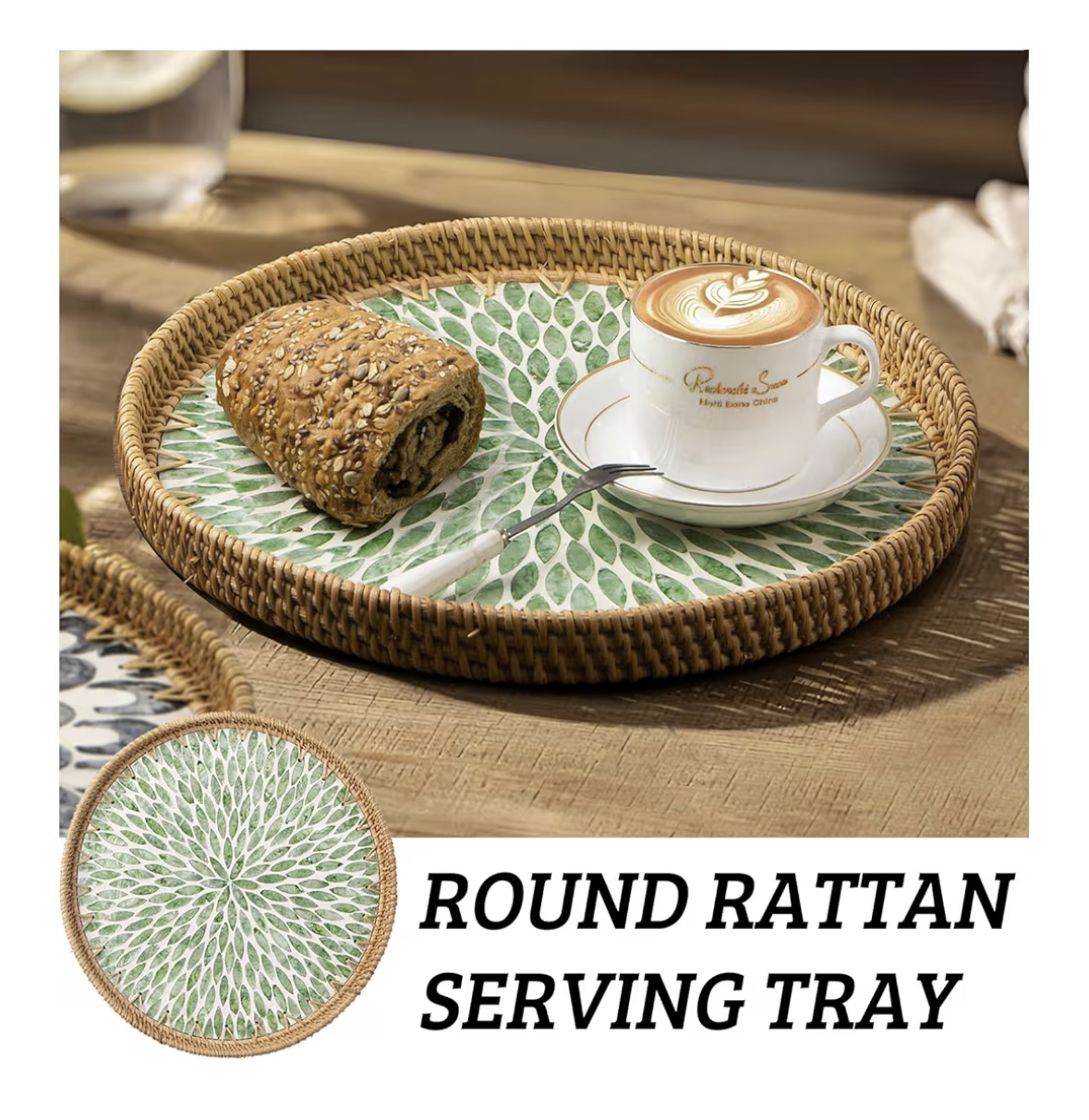 Round Rattan Tray with Mother of Pearl Inlay, Decorative Woven Serving Tray with Wooden Base, Handcrafted Wicker Basket Tray for Bread, Fruits, and Coffee, Leaf Design, Home Decor