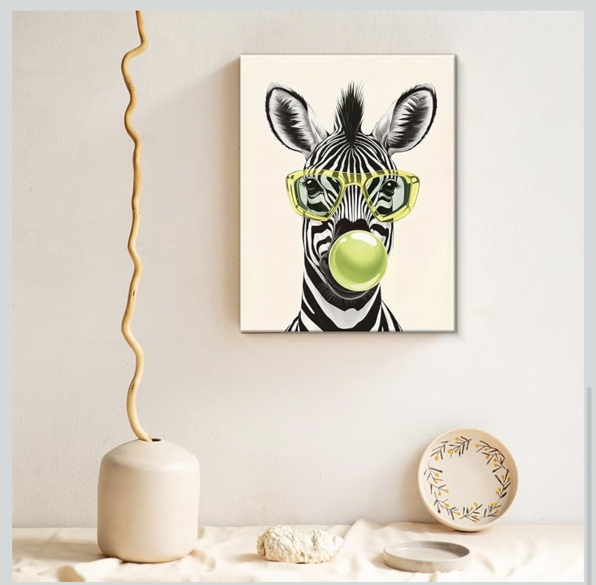 Trendy Modern Zebra Wall Art Print Stylish Zebra with Bubble Gum Poster Picture Animal Wall Decor for Home Living Room Bedroom Office 8x10 Canvas Framed
