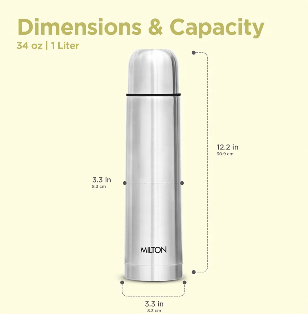 Milton Thermosteel Flip Lid 1000, Double Walled Vacuum Insulated Thermos 1000 ml | 34 oz | 1 Ltr | 24 Hours Hot and Cold Water Bottle with Cover, Stainless Steel, BPA Free,Leak Proof | Silver