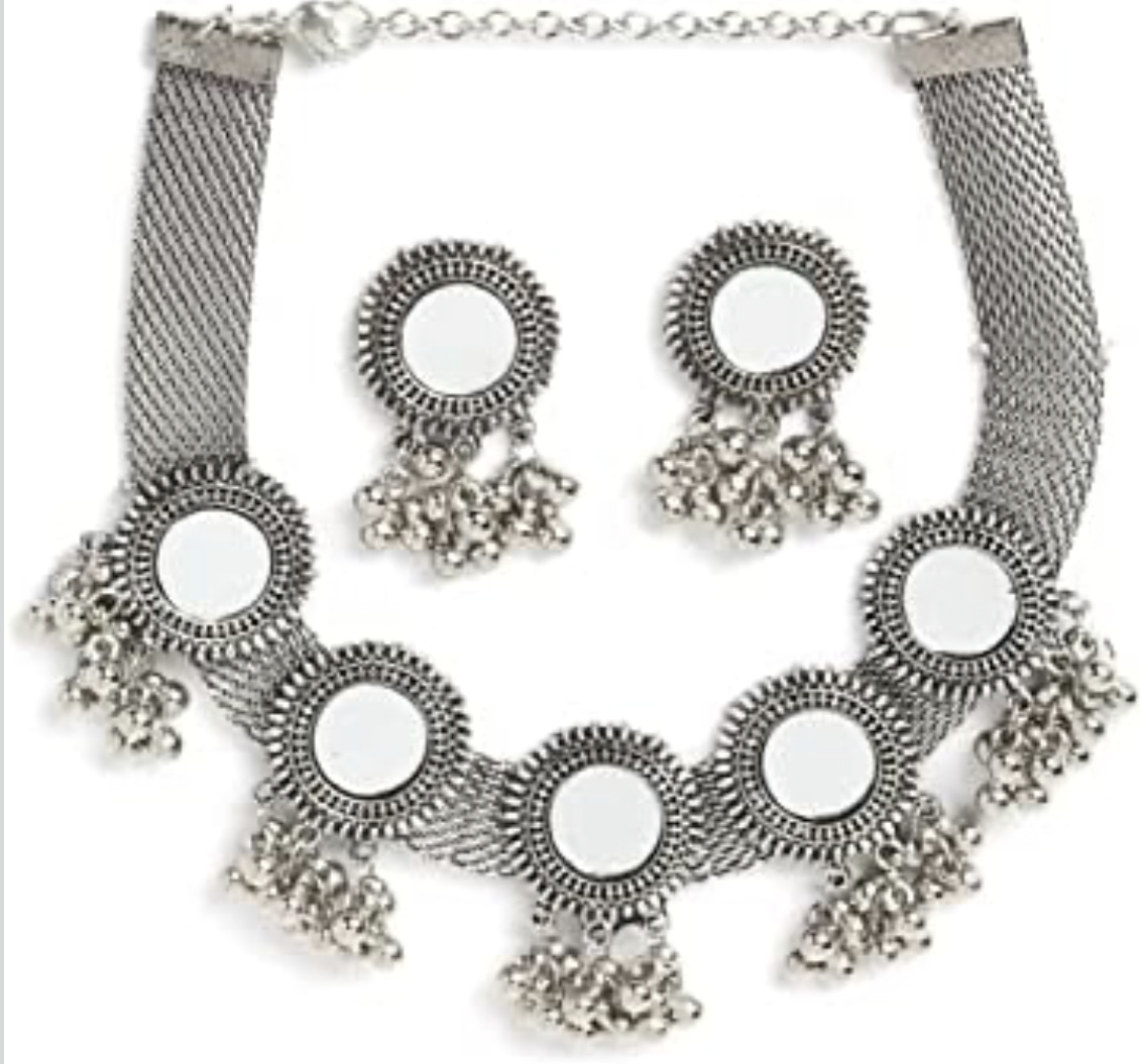 Shining Diva Fashion Latest Stylish Fancy Oxidised Silver Tribal Choker Necklace Jewellery Set for Women