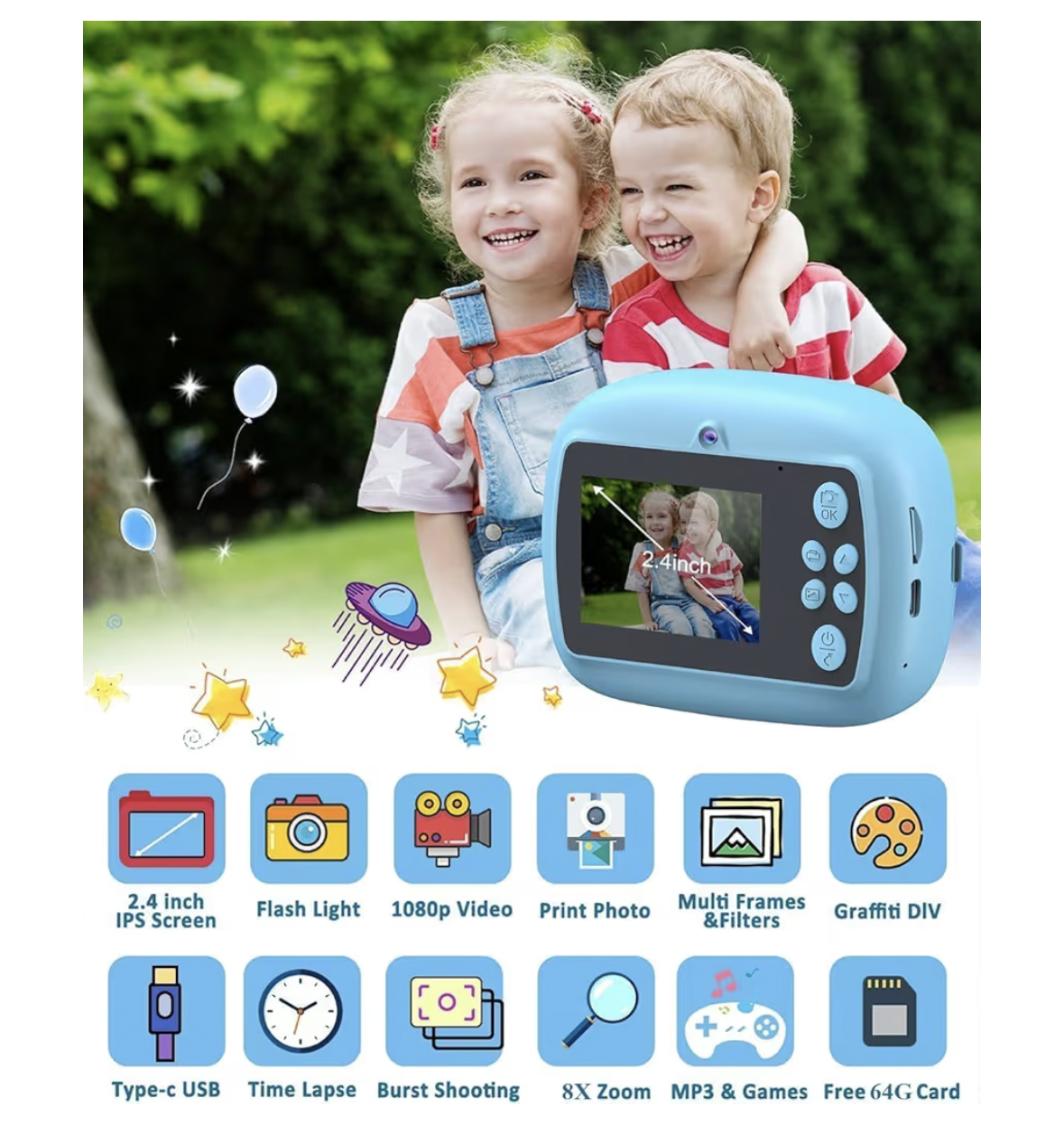 Instant Print Camera for Kids, 1080P HD Instant Print Photo with 3 Rolls Photo Paper & 5 Color Pens & DIY Graffiti, Birthday Gifts for Boys Girls (Blue(Astronaut))