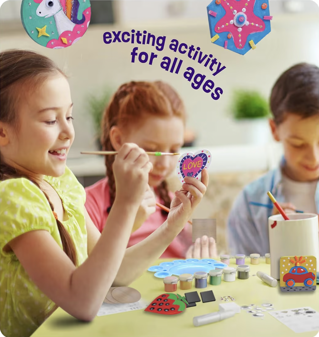 Creoos Magnetic Mini Tiles Arts & Crafts for Kids Make Your Own Fridge Magnets 12 Wood Tiles Painting Kits Toys for Girls Boys Stickers Gems Craft Summer Activities Art Set DIY Supplies Birthday Gifts