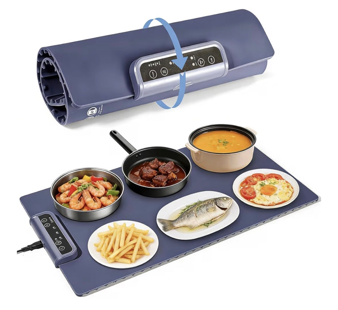 Food Warming Tray Electric Warming Mat with 3 Temperature Settings and Timer, Portable Roll Up Heating Mat Foldable Silicone Party Essential Hot Plate (blue)