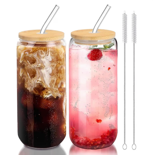 SKY-TOUCH 2 Pcs 550ml Glass Cups with Bamboo Lids and Straws, Clear Iced Coffee Glasses Set, Cute Aesthetic Reusable Drinking Tumblers with Cleaning Brush for Tea, Coffee, Smoothie, Soda