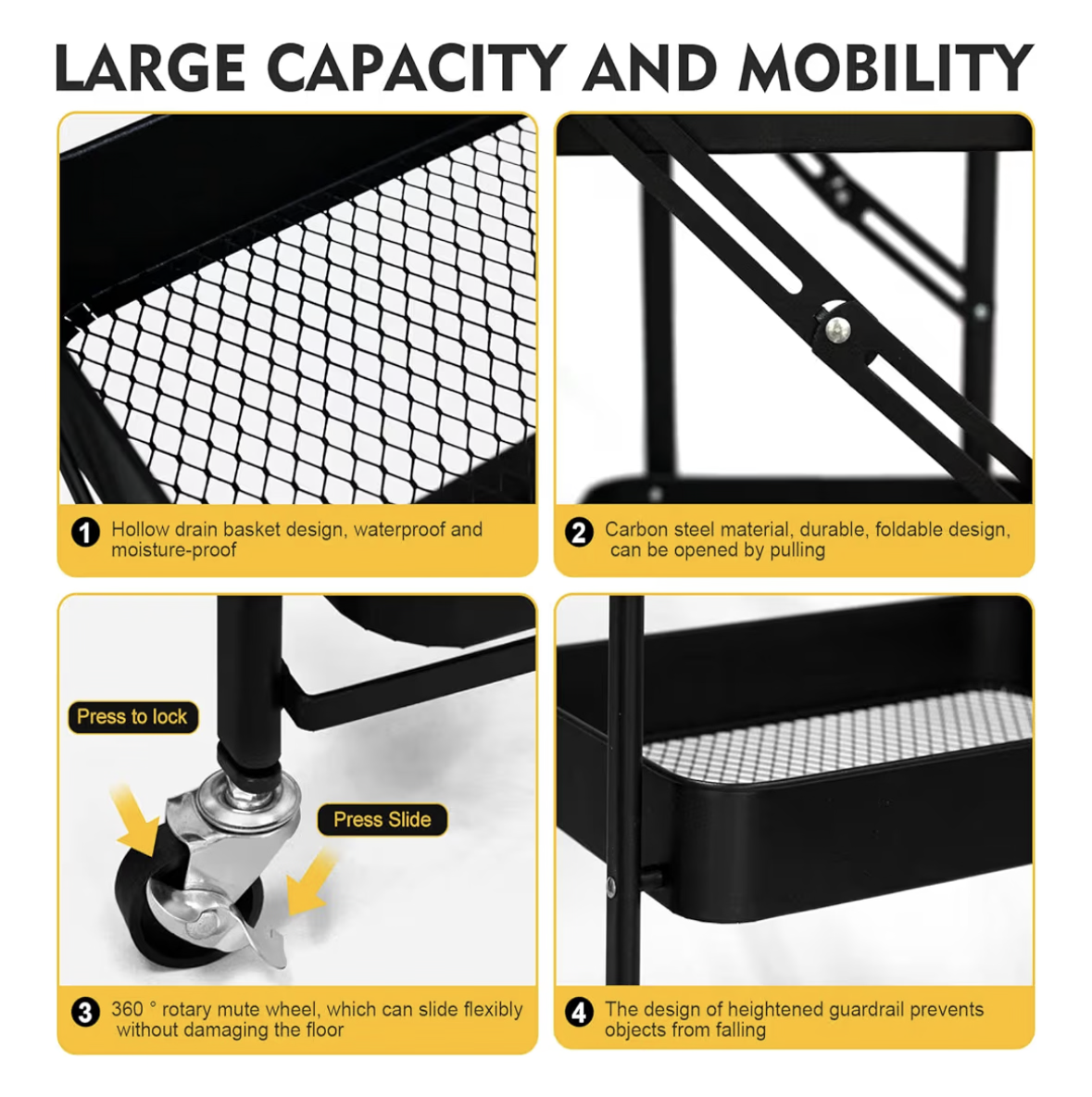 SKY-TOUCH 3 Tier trolley organizer,Foldable Metal Rolling Utility Cart Organizer, Multipurpose Organizer Trolley with Casters for Kitchen, Bedroom, Bathroom, Office, Laundry Room and Garage Black