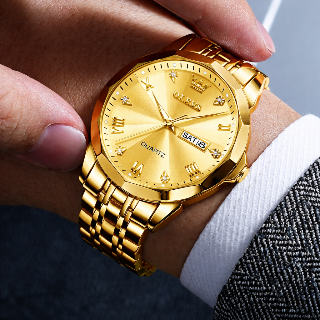 OLEVS Watch for Men Diamond Business Dress Analog Quartz Stainless Steel Waterproof Luminous Date Two Tone Luxury Casual Wrist Watch