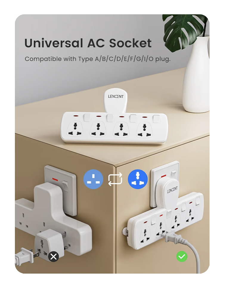 LENCENT Multi Plug Extension Socket, 4 Way Electrical Outlet Extender, Wall Charger, Universal Plug Adapter, Charging Station for Home, Office, Kitchen, Individually Switched