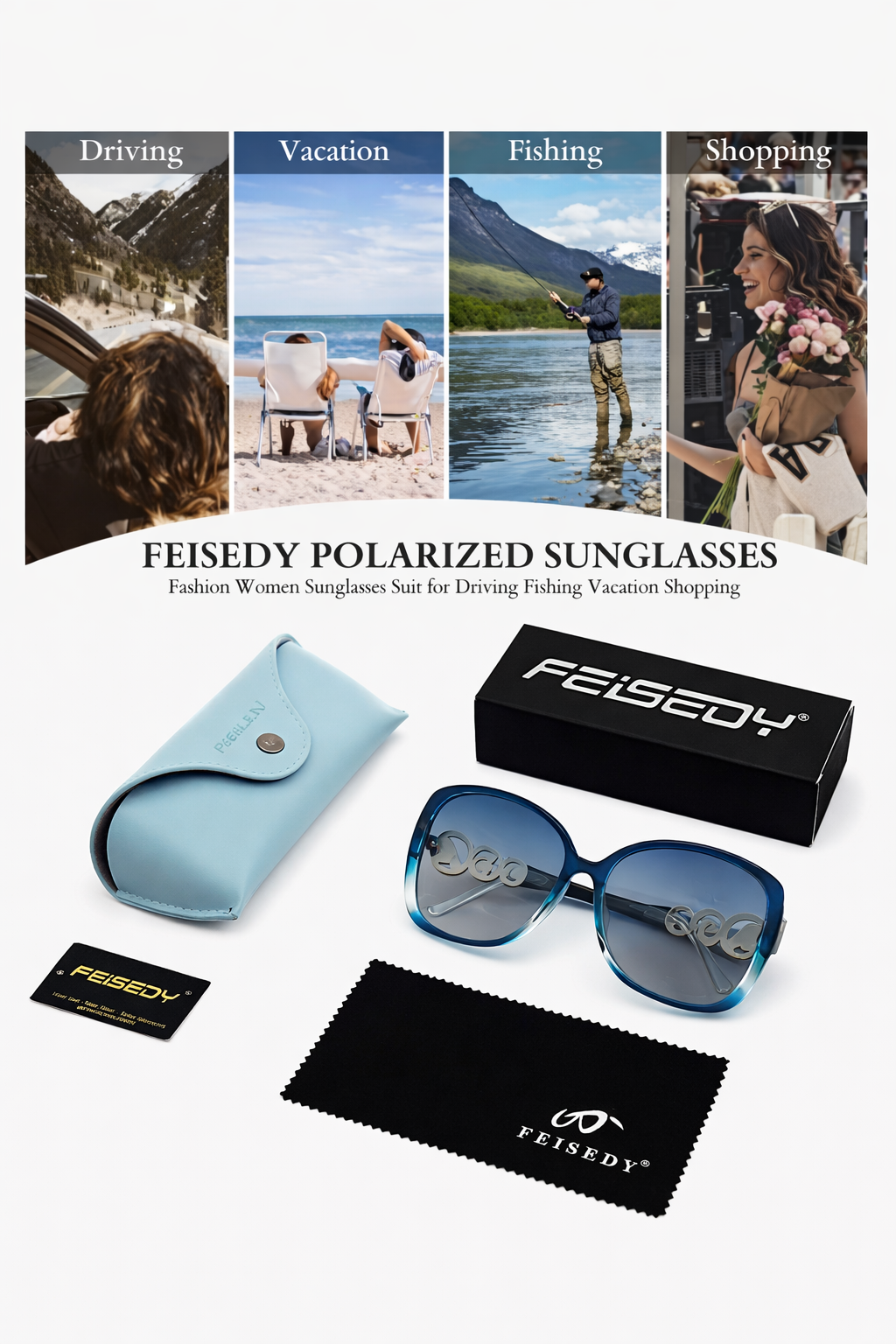 FEISEDY Polarized Fashion Sunglasses Oversized Women Trendy Square Frame with Pearl Sparkling B2821