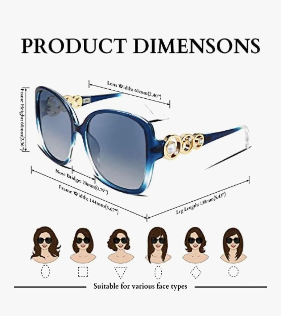 FEISEDY Polarized Fashion Sunglasses Oversized Women Trendy Square Frame with Pearl Sparkling B2821