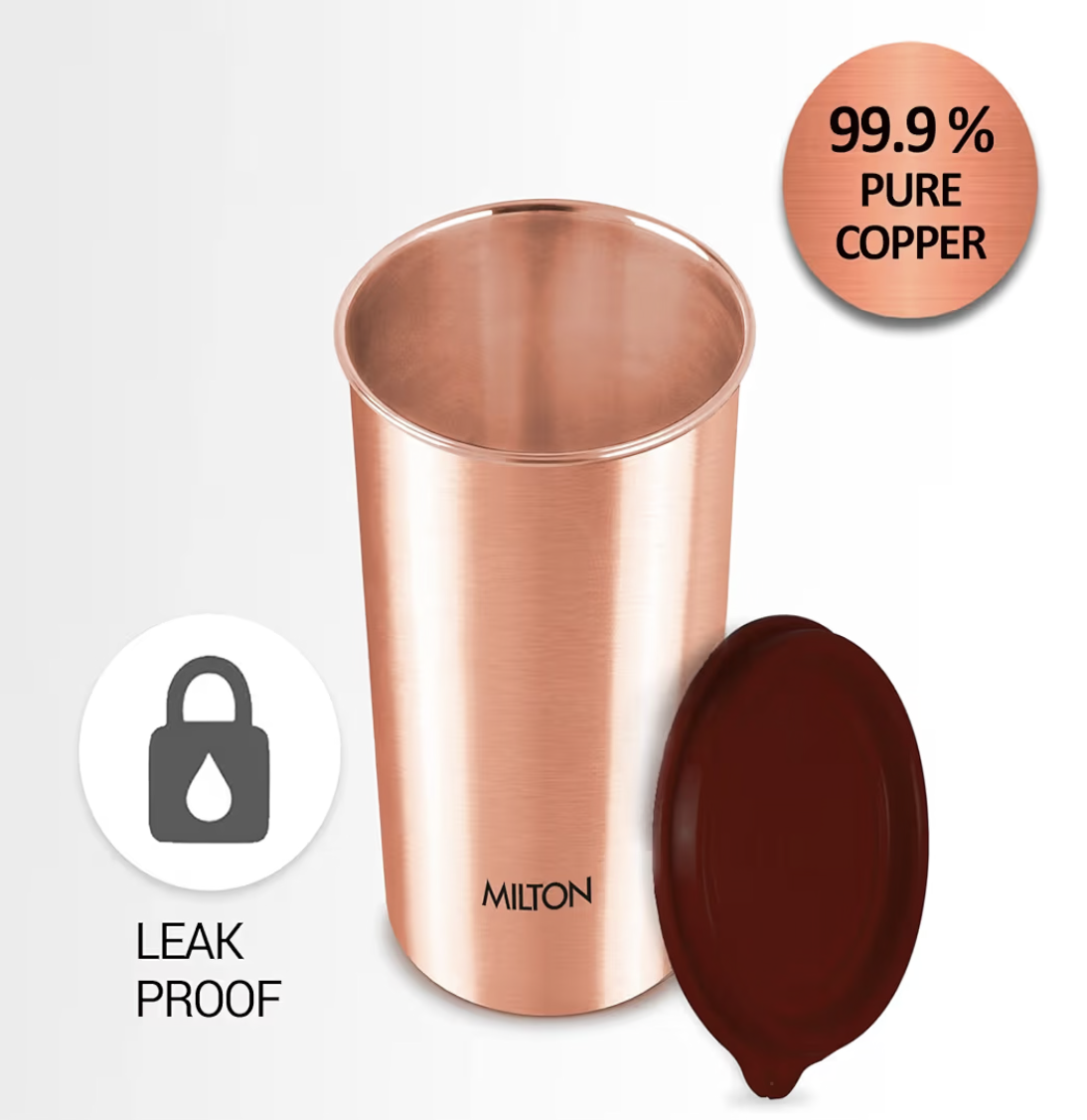 MILTON Copper Drinking Water Tumbler with Lid, 1 Piece, 480 ml, Copper | 100% Leak Proof