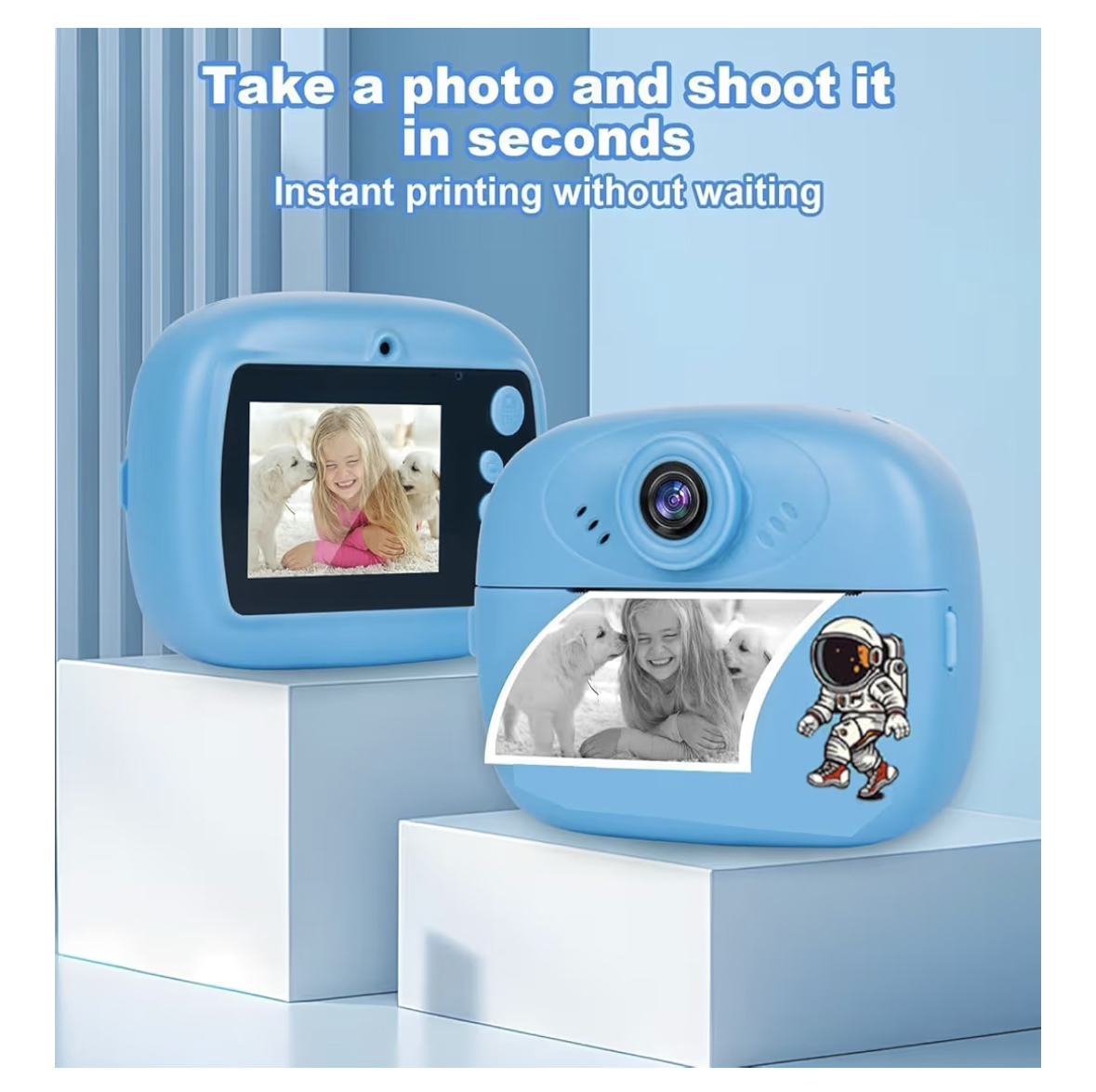Instant Print Camera for Kids, 1080P HD Instant Print Photo with 3 Rolls Photo Paper & 5 Color Pens & DIY Graffiti, Birthday Gifts for Boys Girls (Blue(Astronaut))