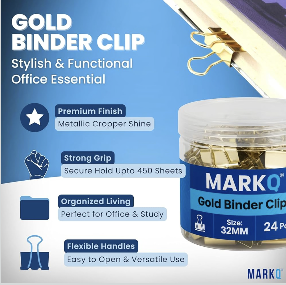 MARKQ Gold Binder Clips – Durable Metal Foldback Paper Clamps, Strong Office & School Paper Clips for Documents, Notes, and Home Organization - Medium 32mm - Pack of 24