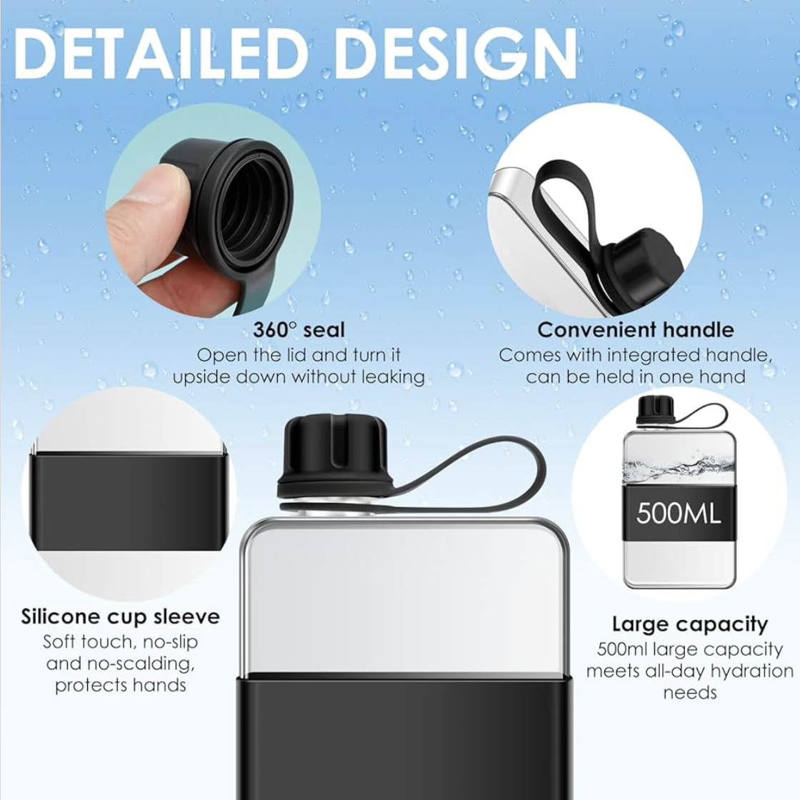 Flat Water Bottle Leak Proof Portable Slim Drinking Bottle Lightweight Large Capacity Slim Traveling Water Mug for Outdoor