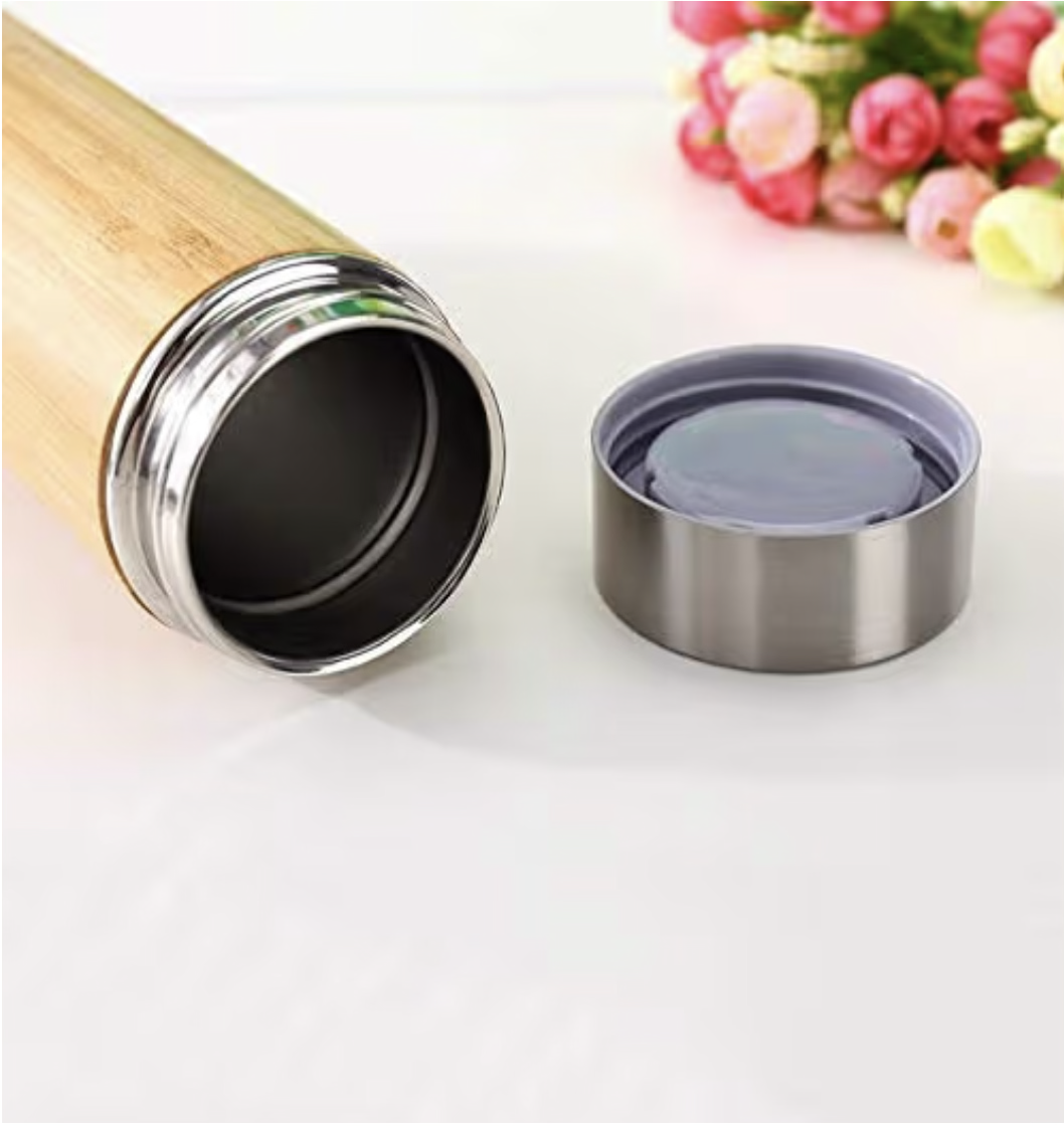 PagKis Bamboo Stainless Steel Flask Water Bottle/Thermos with Tea Strainer | Double Wall Vacuum Insulated | Hot & Cold (450 ML)
