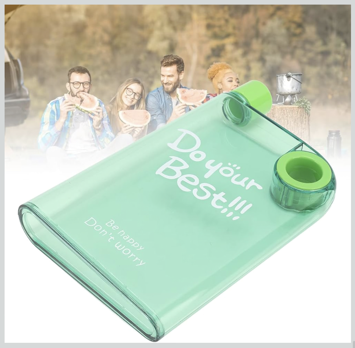Flat Water Bottle, Portable Travel Mug, 420ml Slim Plastic Reusable Bottle with Cover & Round Hole for School, Sports, Travel, Dining, Green