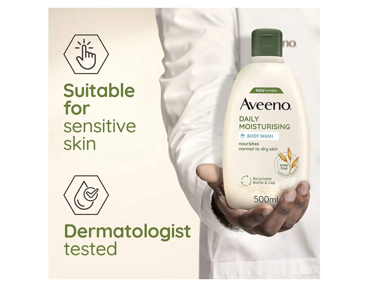 Aveeno Daily Moisturising Body Wash, With Soothing Oat, Suitable For Sensitive Skin, Gently Cleanses and Nourishes, Soap-Free, Lightly Scented, 500ml