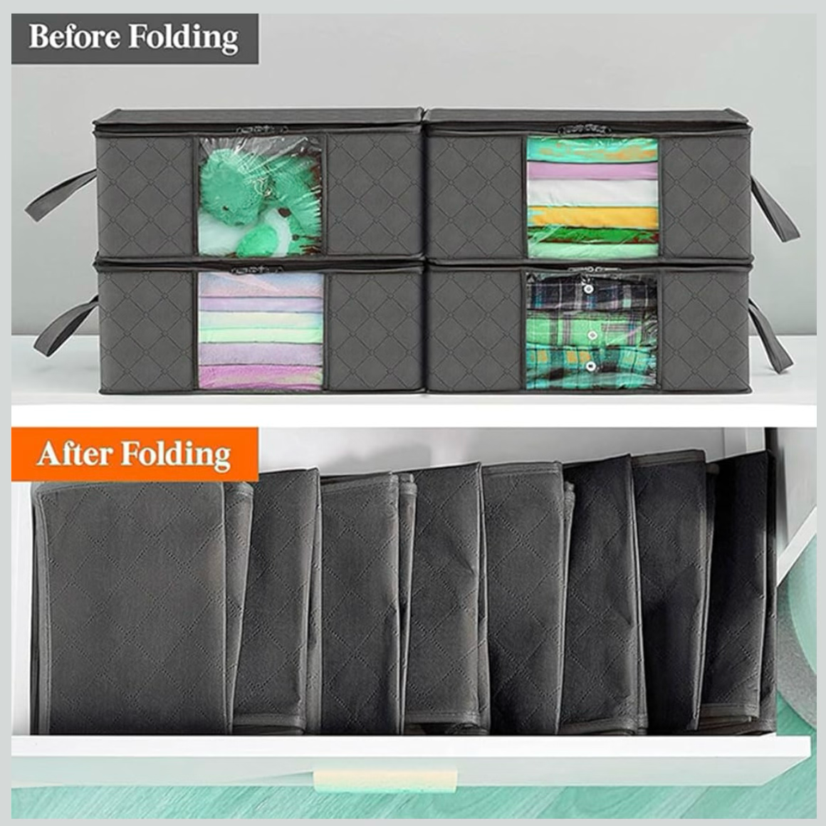 6 Pack 60x40 cm Large Foldable Clothing Storage Bags – 90L Foldable Clothes Storage Containers - Reinforced Handles & Heavy-Duty Fabric for Comforters, Clothes, Blankets, & Bedding