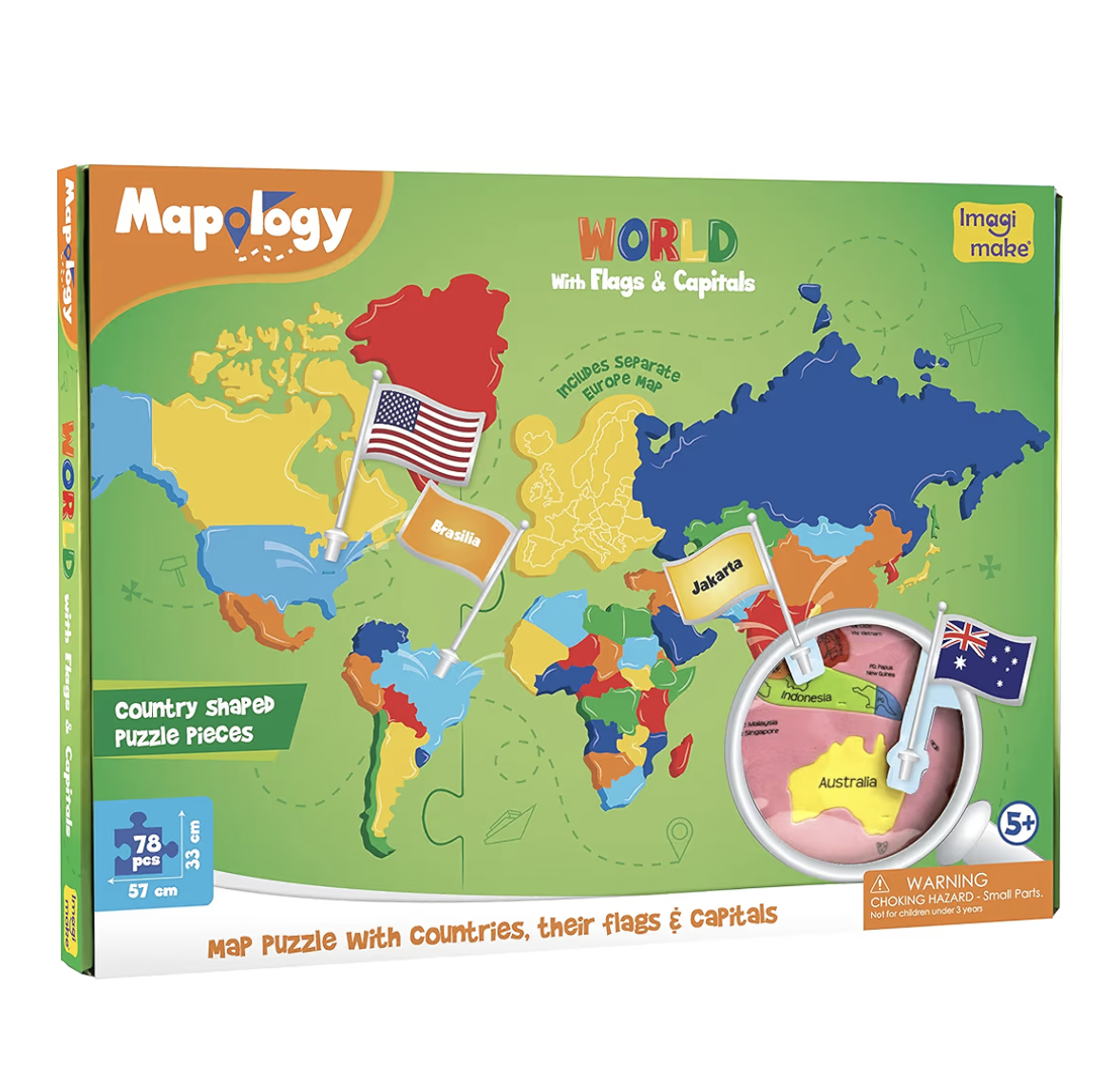 Imagimake Mapology أحجية خريطة العالم مع أعلام الدول والعواصم للأطفال من 5 سنوات فما فوق | أحاجي الصور المقطوعة على شكل دول | ألعاب تعليمية وجغرافية للأولاد والبنات |