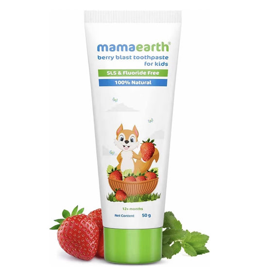 Mamaearth 100% Natural Kids Berry blast Toothpaste With Aloe Vera, Stevia & Xylitol Promotes Healthy Gums & Teeth | Fluoride-Free, No Artificial Flavour & Safe if Swallowed, Cavity Protection, 50g