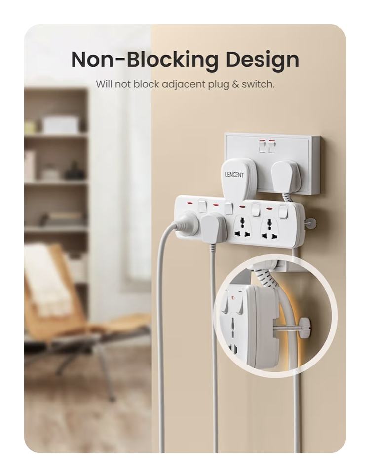 LENCENT Multi Plug Extension Socket, 4 Way Electrical Outlet Extender, Wall Charger, Universal Plug Adapter, Charging Station for Home, Office, Kitchen, Individually Switched